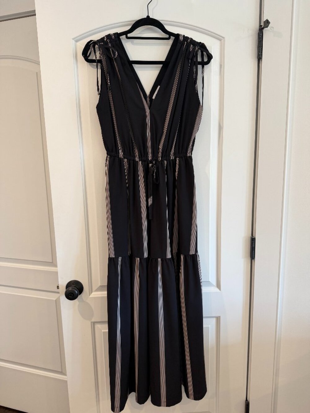 Calvin Klein stripe sleeveless tiered midi dress in black and cream. Size 8.